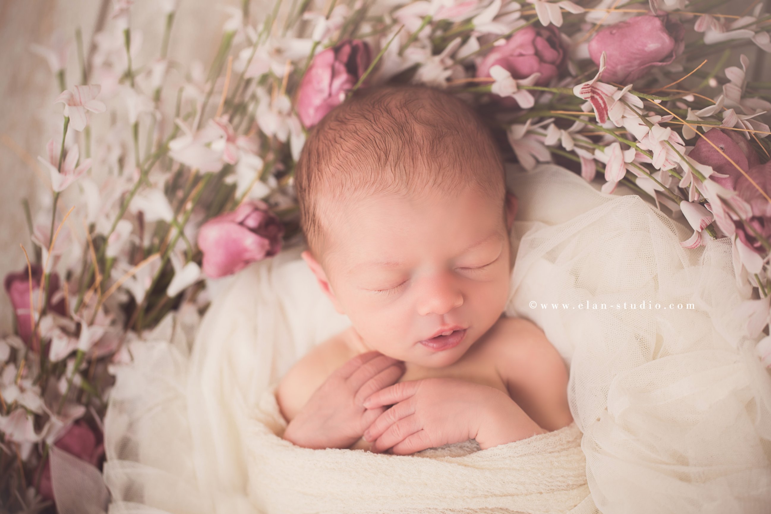 newborn wrapped in gauze and tulle