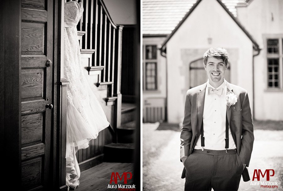 Beautiful white wedding gown and groom in suspenders and suit. © Aura Marzouk Photography. 