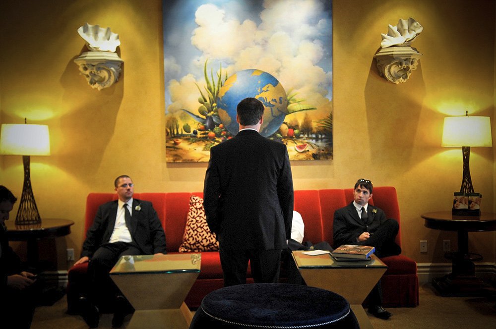 Groomsmen lounging before Clift hotel wedding