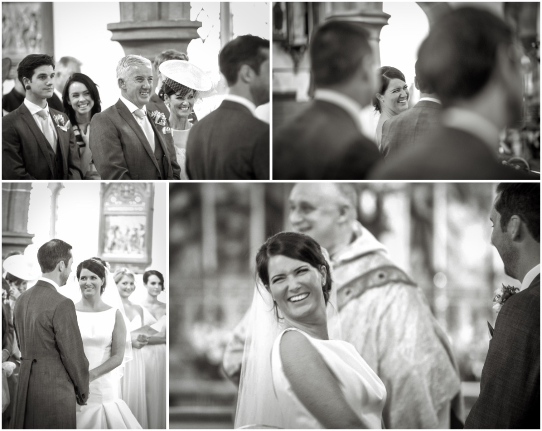 wedding guests laughing in church