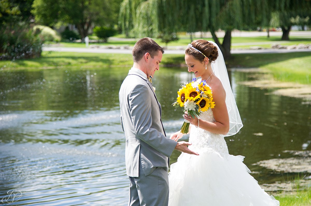 bride and groom first look at Timberlodge at Arrowhead Golf Club