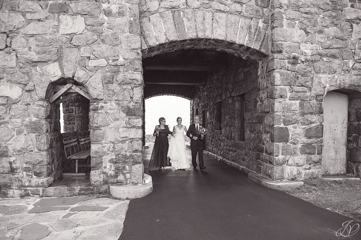 bride walking down the aisle with both parents whiteface mountain