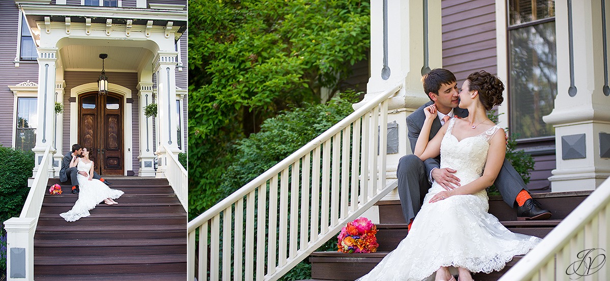romantic photo of bride and groom on stairs