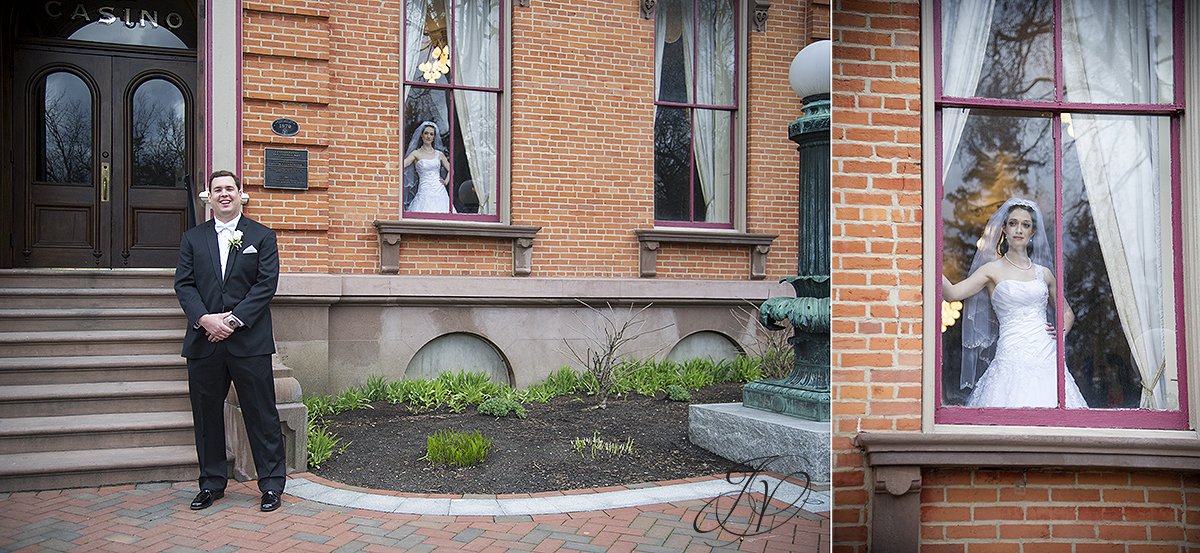 first look photo, first look photos, The Canfield Casino wedding, Saratoga Wedding Photographer, happy bride photo, bride looking out window at groom