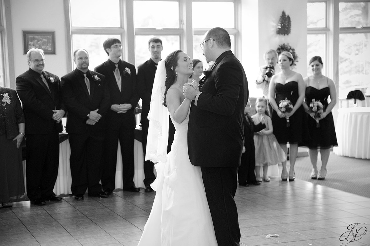 black and white photo of bride and groom's first dance