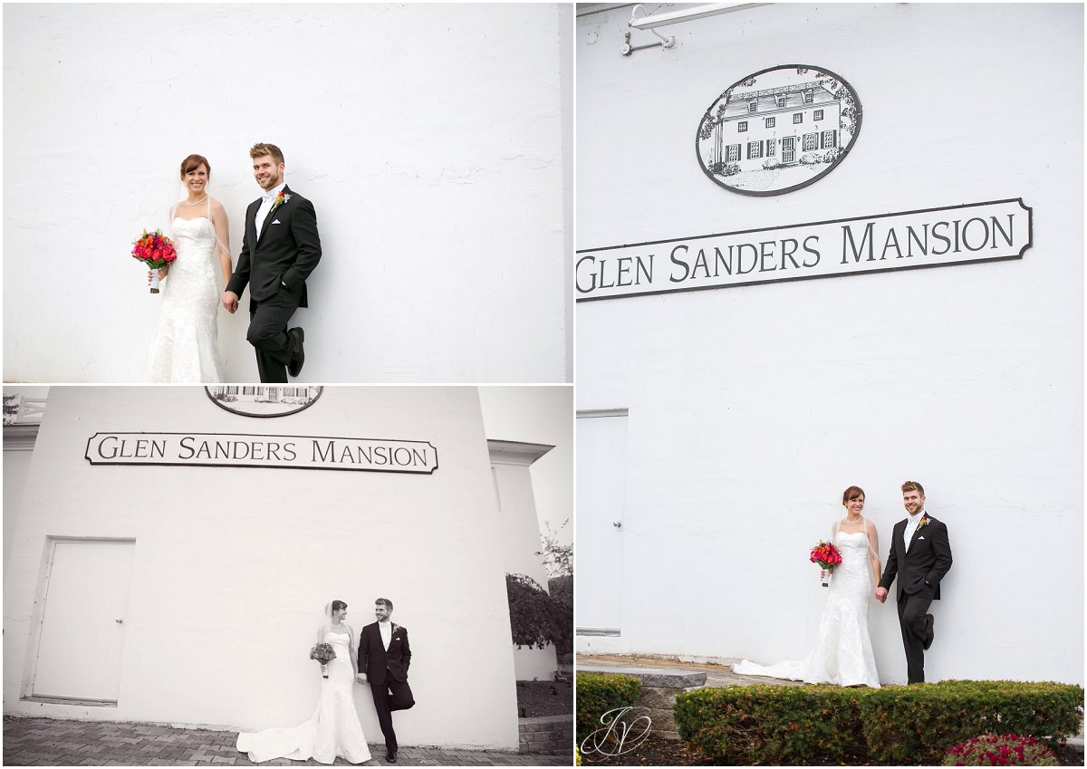 bride and groom exterior of glen sanders mansion wedding