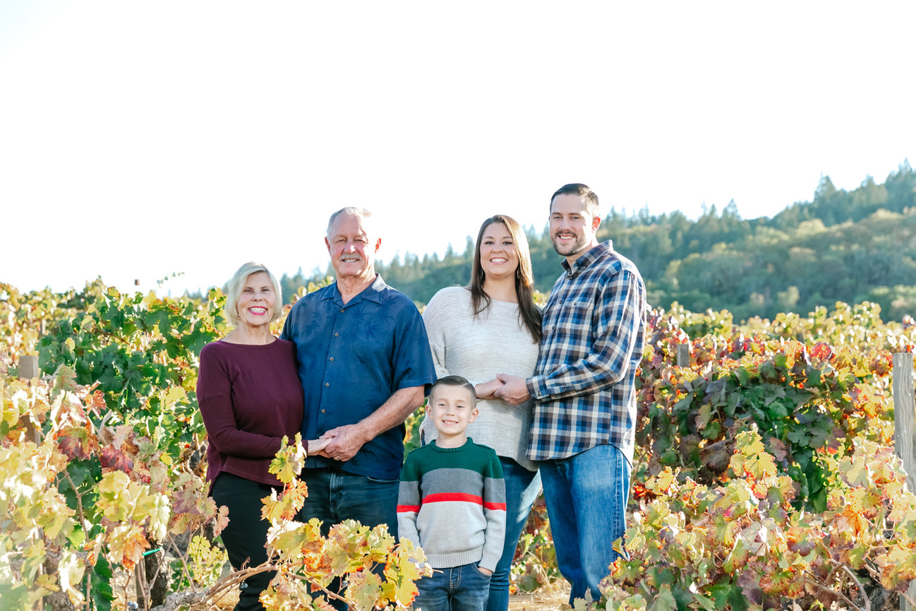 Family portraits during Sunset at Copola Winery in Geyserville,  Sonoma County Ca, taken by Sheila Johnson of Studio J Photography