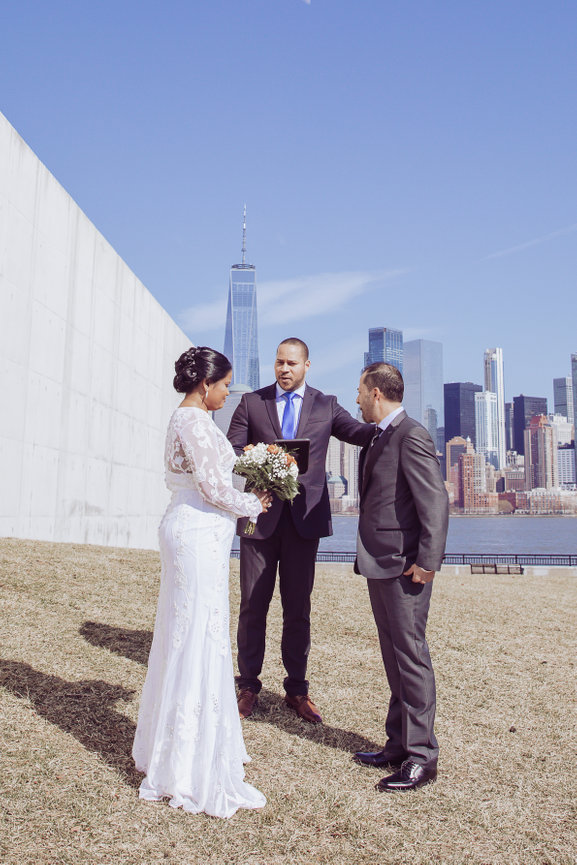 Bride and groom at small ceremony at Liberty State Park in jersey city, New Jersey