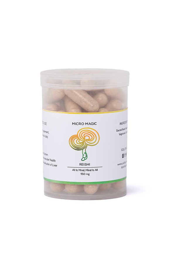 Plastic container filled with mushroom supplements on white background