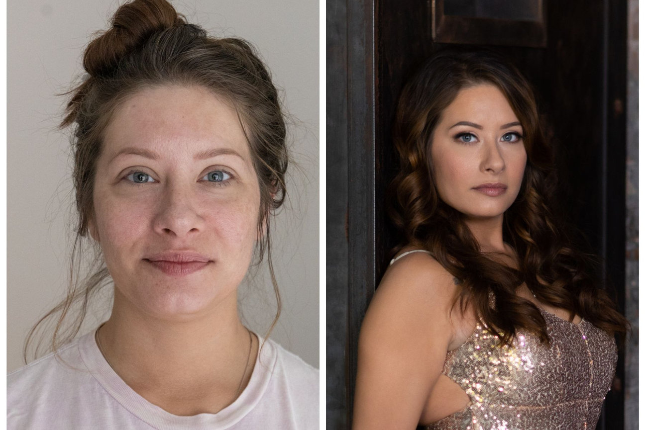 before and after beauty portrait showing hair and makeup on a fair skinned white woman