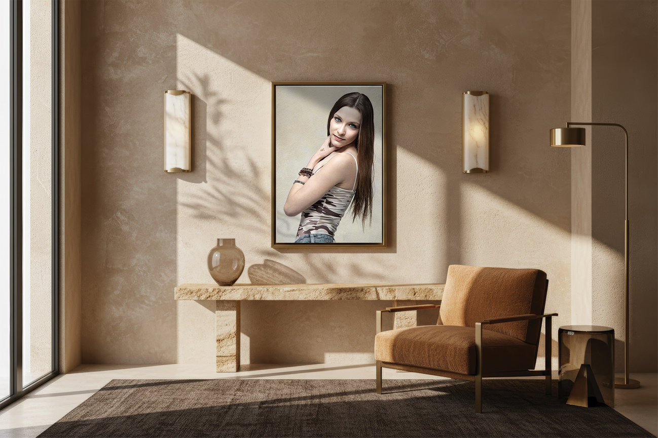framed portrait artwork displayed above console in a warm textured home interior with natural light