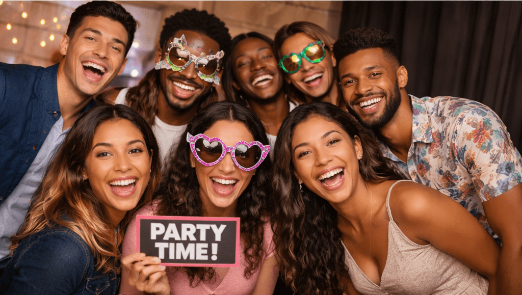 Group of friends posing with party props and enjoying a celebration