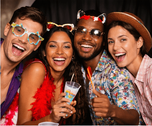 Happy friends having fun with party props at an event