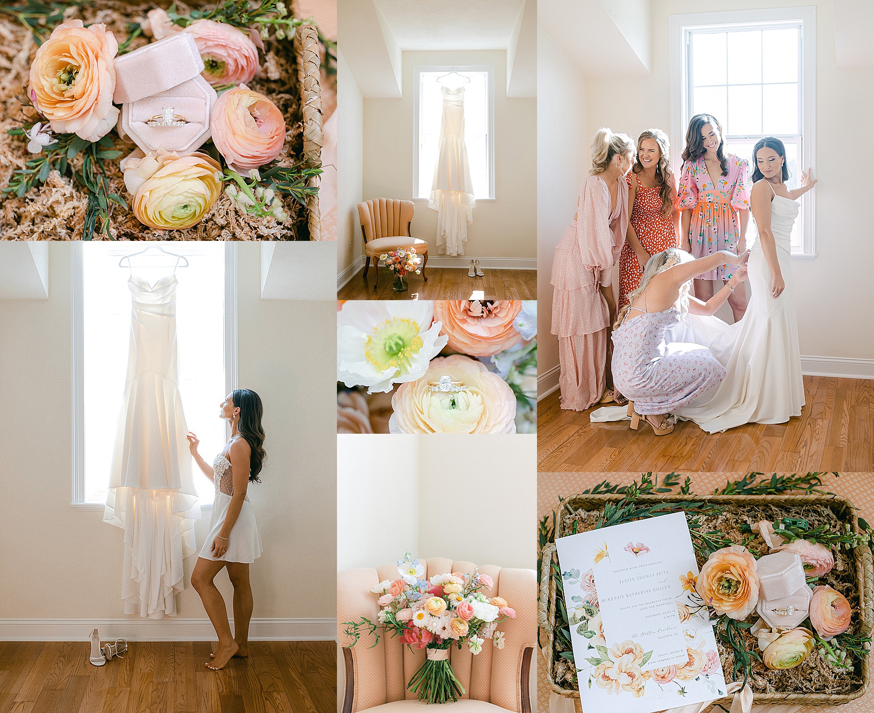 collage of light and airy wedding photos with pastel and peach tones, flowers, rings, backyard wedding