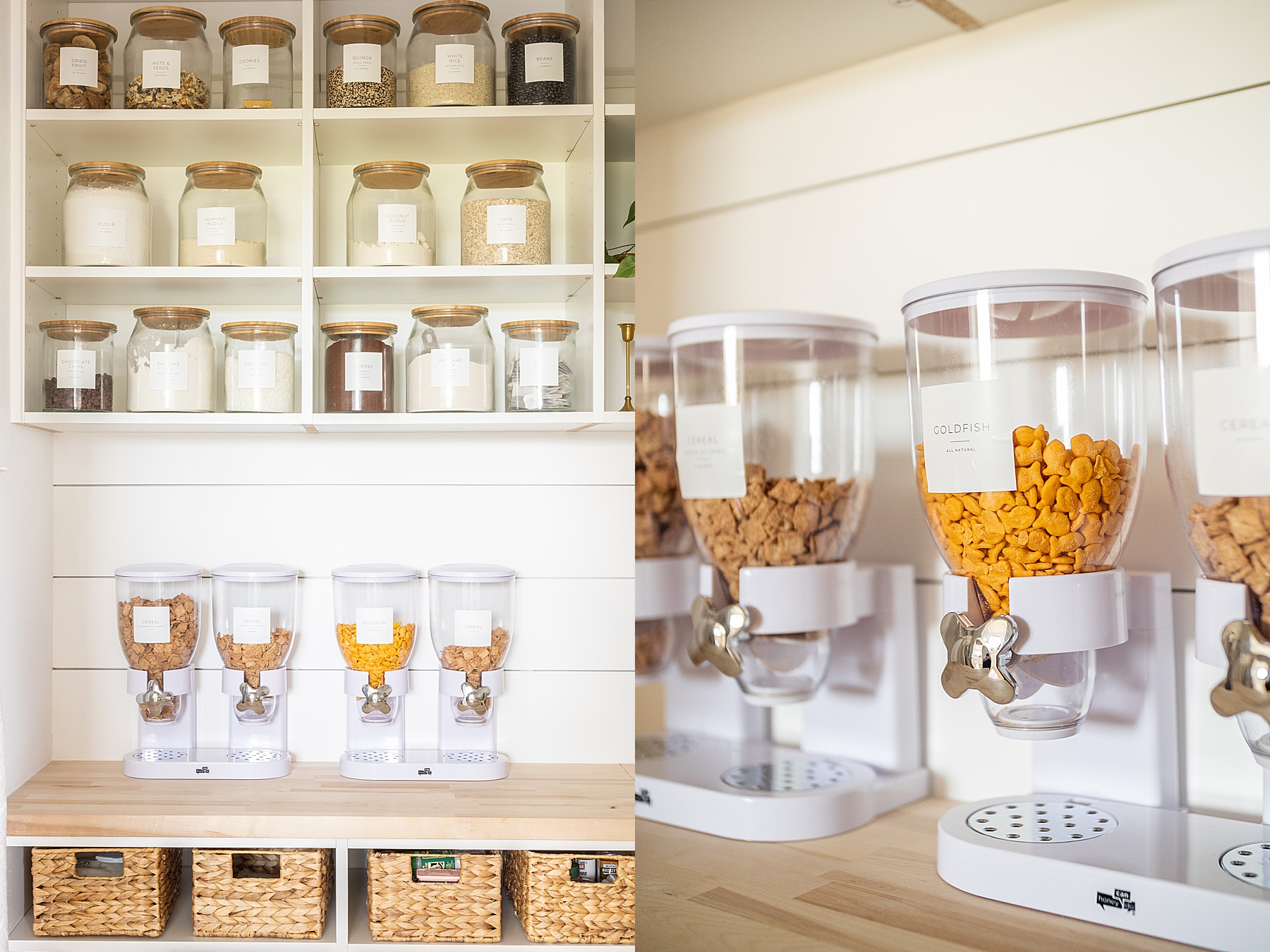 pantry tour in home with organized pantry space and cereal dispensers