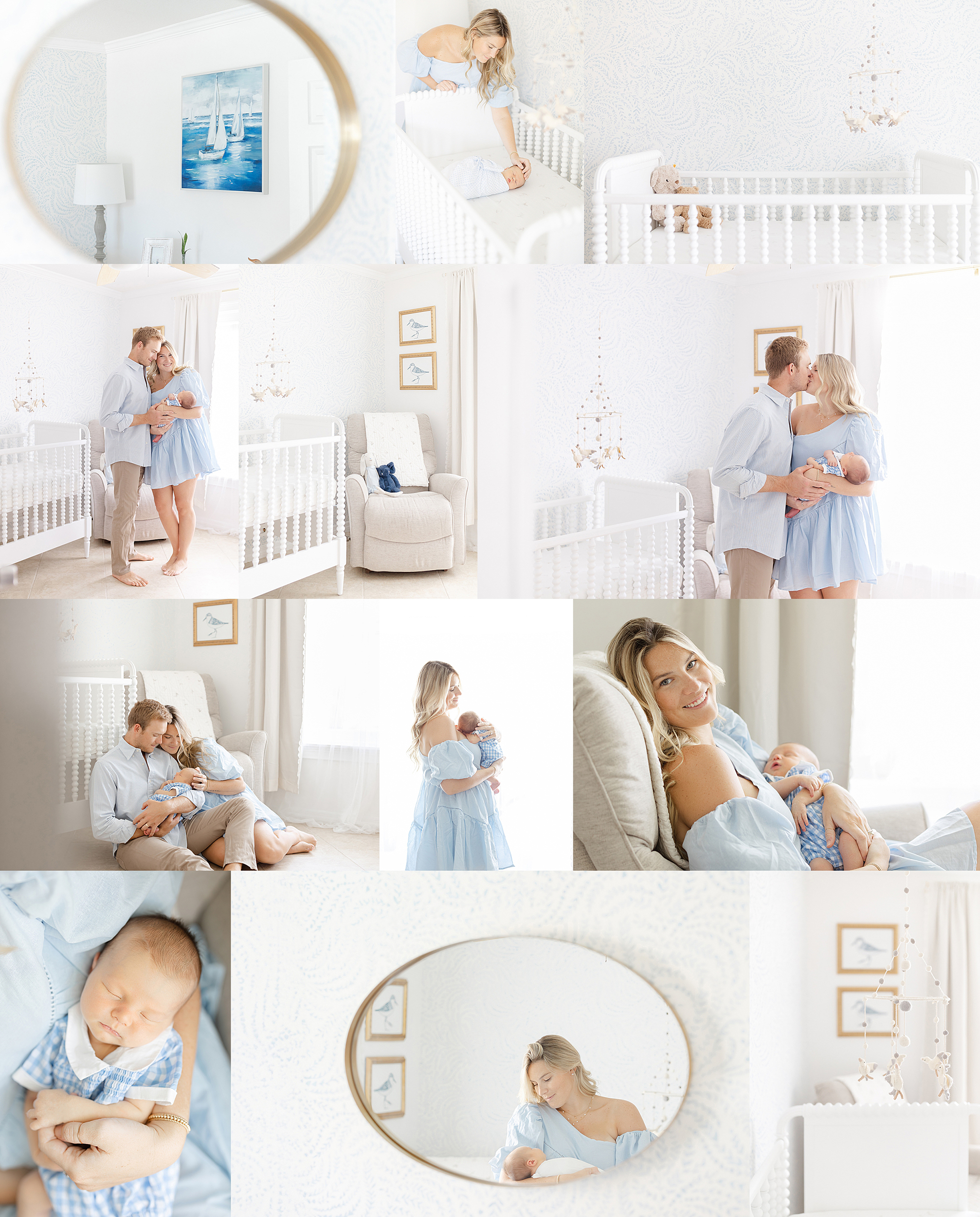 collage of newborn session at home with a coastal serena and lily vibe