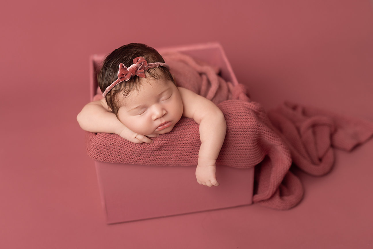 fine art newborn photography Connecticut rose pink peacefully posed baby