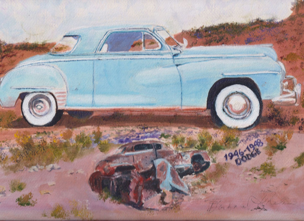 Watercolor painting of a turquoise vintage car parked on a beach road.