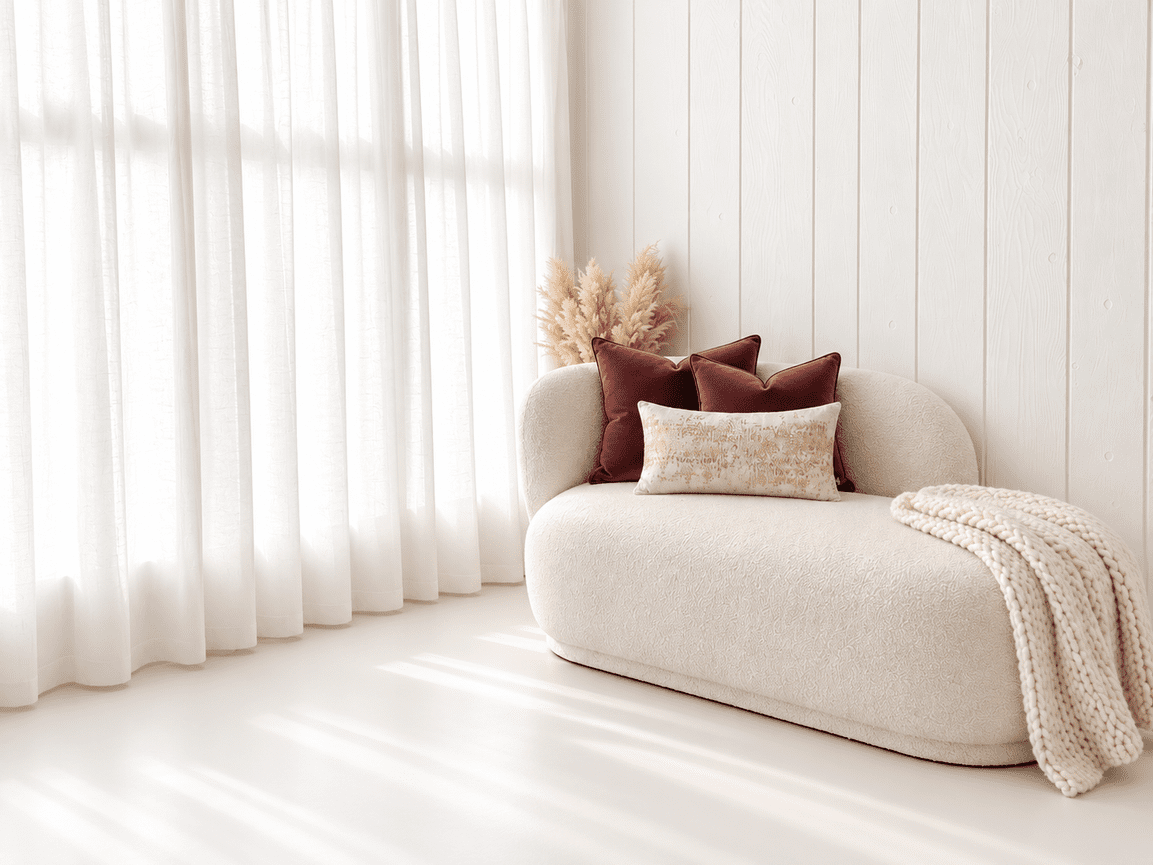 Burgundy velvet and champagne accents on an ivory chaise for holiday family portraits