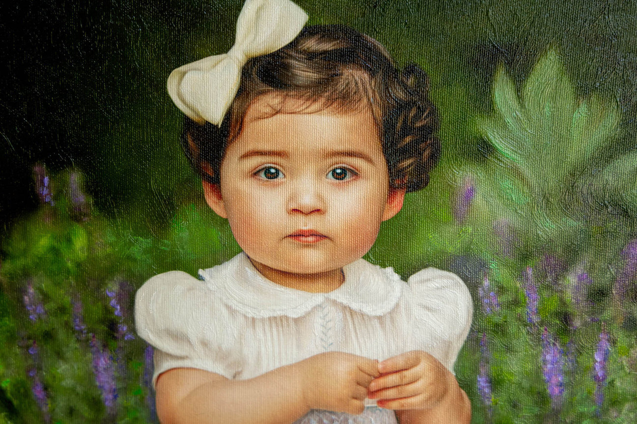 Outdoor oil portrait of a baby showing delicate details