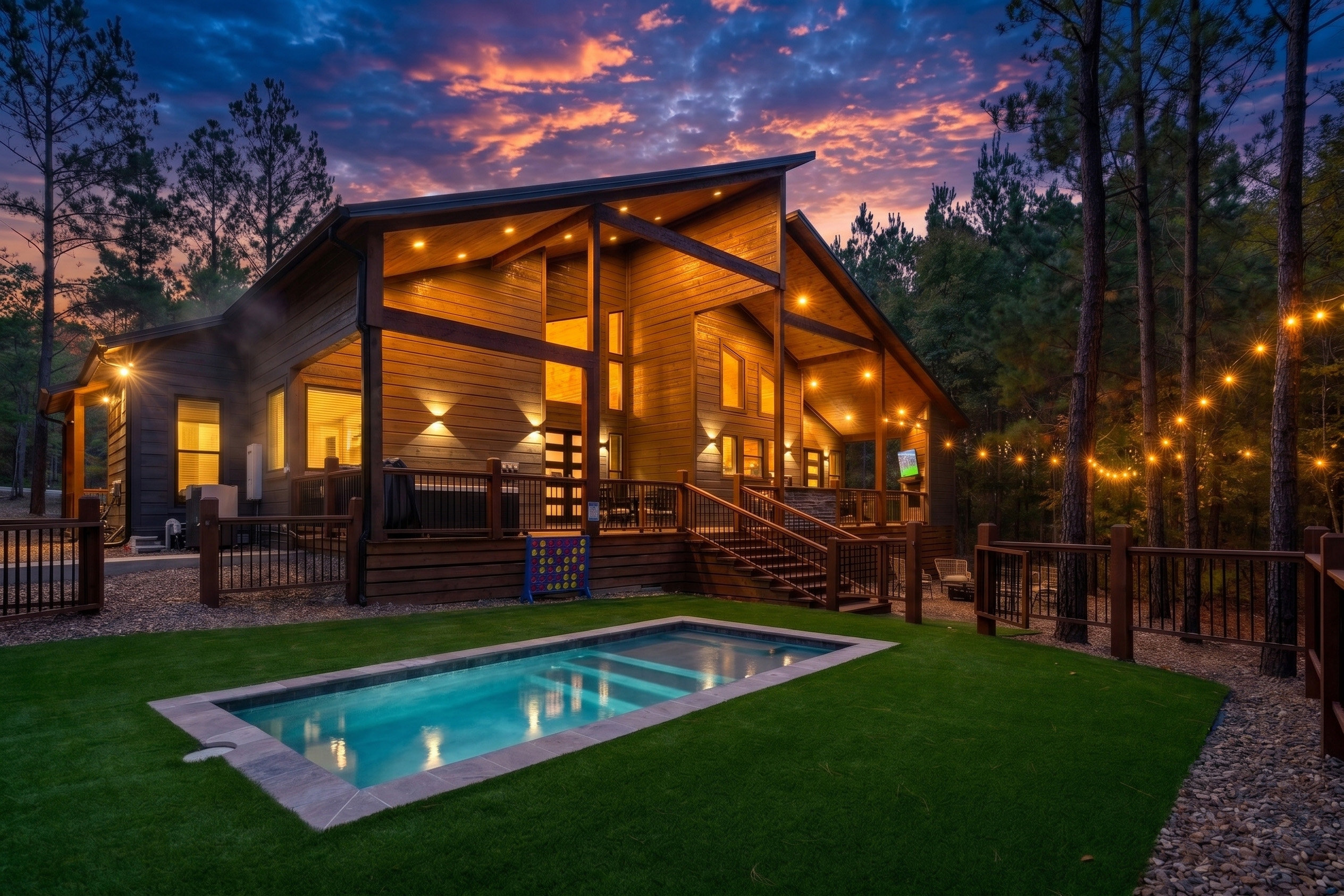 Twilight cabin with pool and string lights — short-term rental photography by Coral Cove Media
