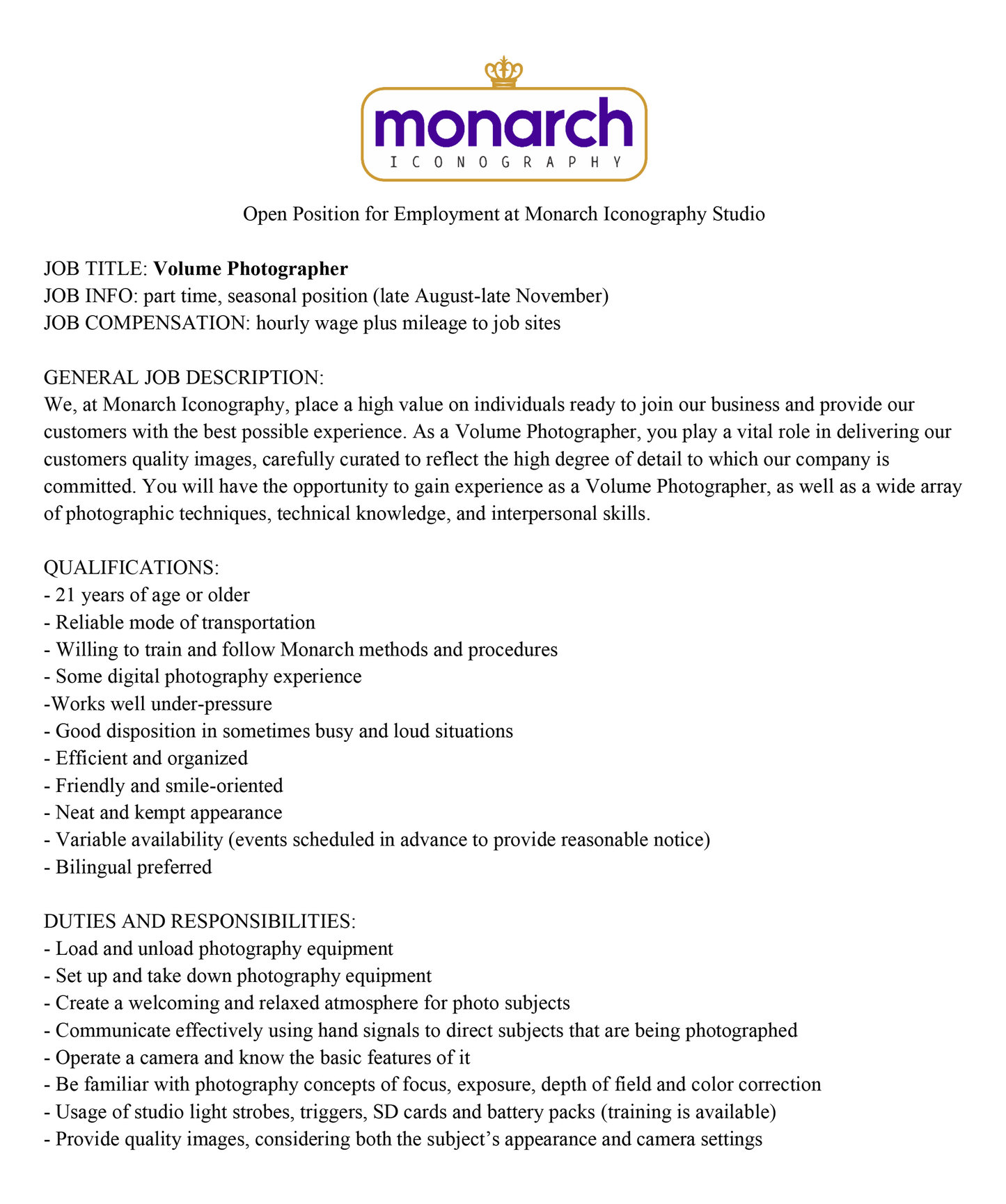 JOB DESCRIPTIONS Monarch Iconography
