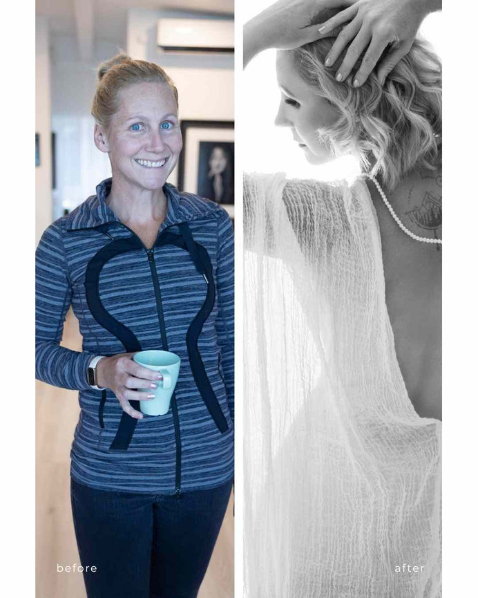 before and after photo of a woman in sheer cheesecloth goddess dress Calgary boudoir studio