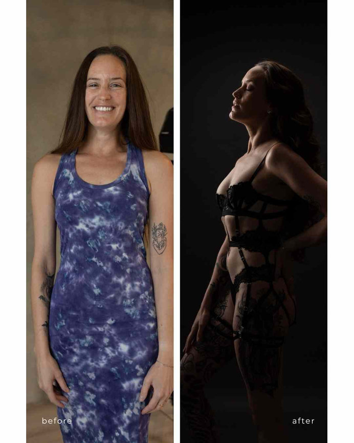 before and after photo of young woman with long brown hair wearing strappy lingerie, Calgary boudoir studio