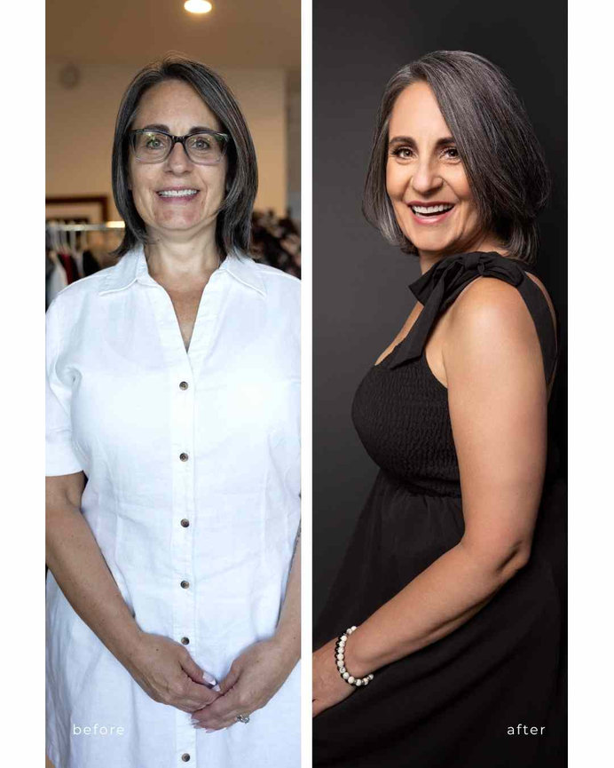 before and after photo of a confident woman in a black dress, Calgary portrait studio