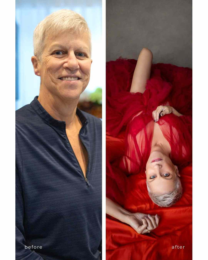 before and after photo of a woman in red tulle robe for Fab Over 40 art exhibit, Calgary boudoir studio