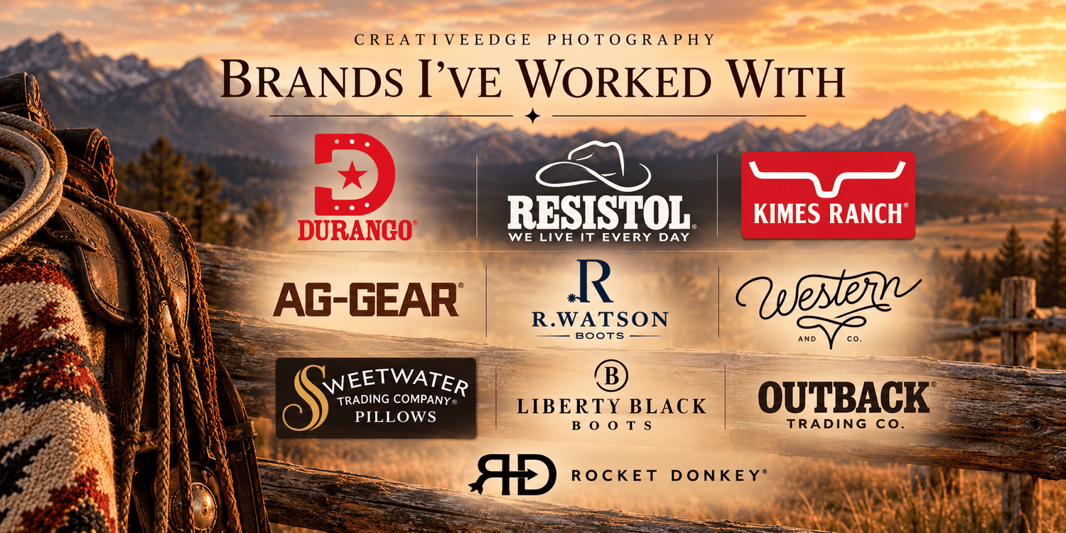 CreativeEdge Photography's Western brand portfolio featuring logos from Durango Boots, Resistol, Kimes Ranch, AG Gear, R. Watson Boots, and other brands.