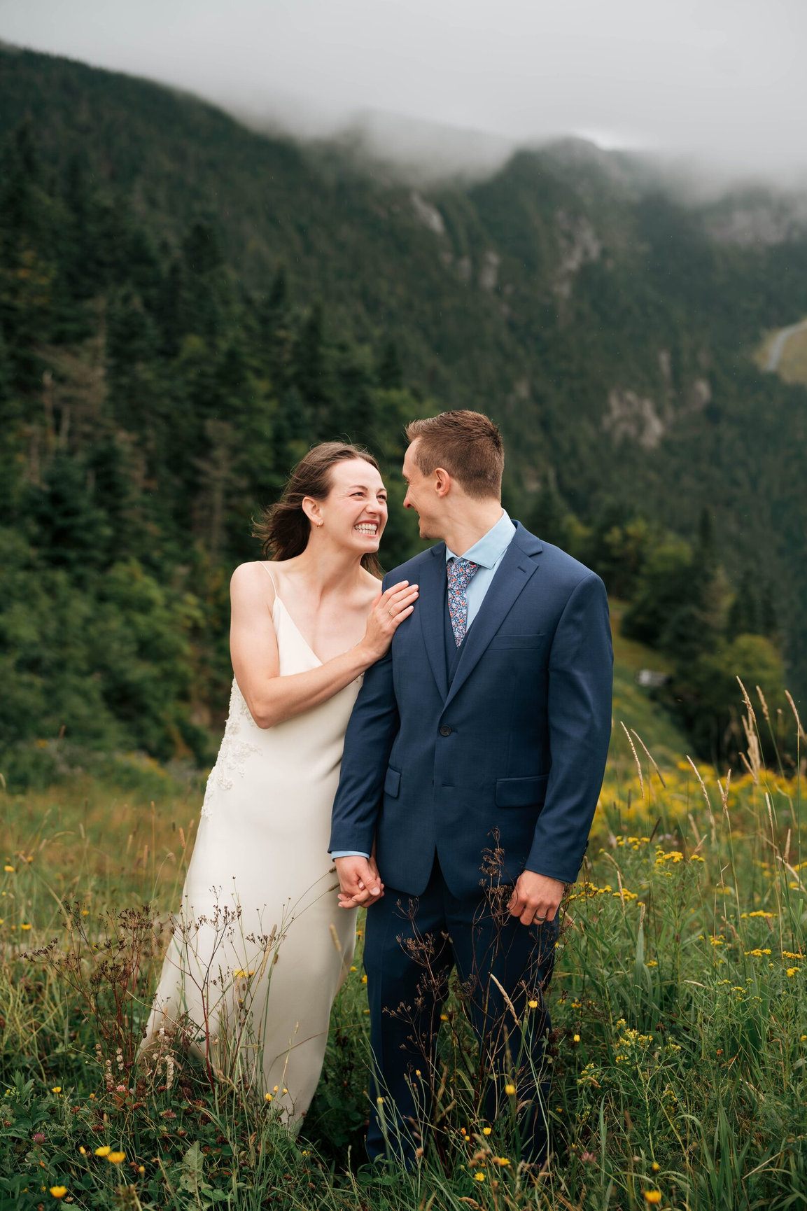 Couple smiling together on Mount Mansfield in Stowe, Vermont