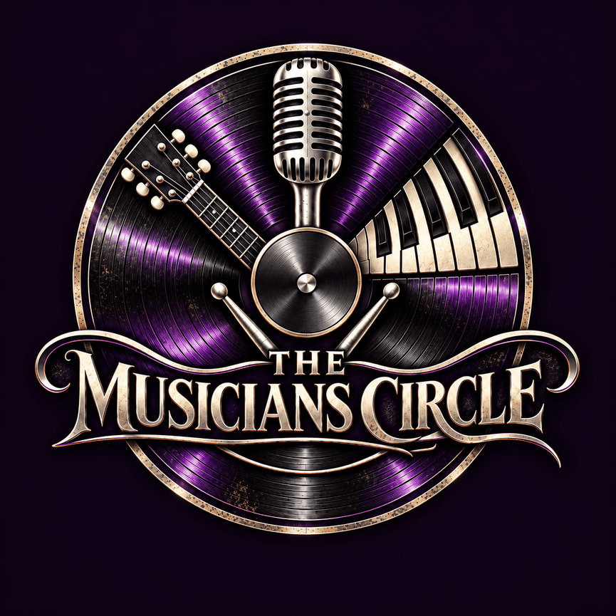 The Musicians Circle logo with a vinyl record, microphone, guitar, piano keys, and drumsticks