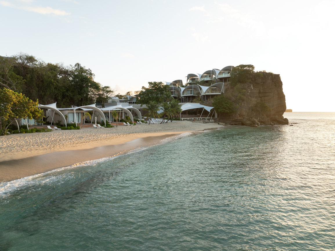 View from Ocean towards showcasing the Villas on the Beach and on the Mountain at Silversands Beach House in Granada.