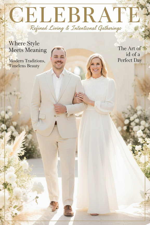 AI-generated wedding magazine cover photo booth portrait, featuring an elegant bridal couple walking through a floral ceremony setting