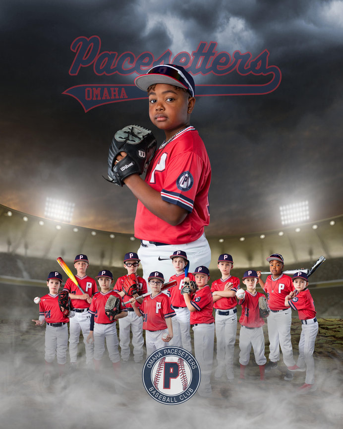 A young baseball player in a red uniform holds a glove. Below, a team poses on a field with the Omaha Pacesetters logo above.