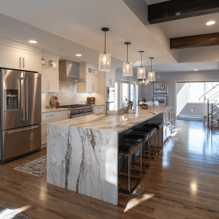 modern kitchen interior with marble counter and stainless steel appliances