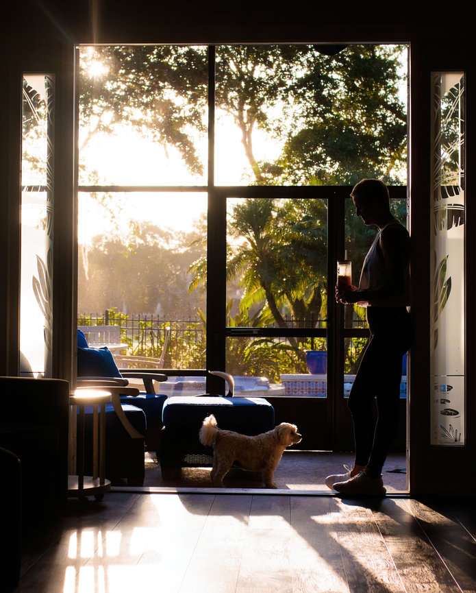 A person stands in a doorway holding a drink, with a small dog nearby. Outdoors, trees and sunlight are visible through the open door.