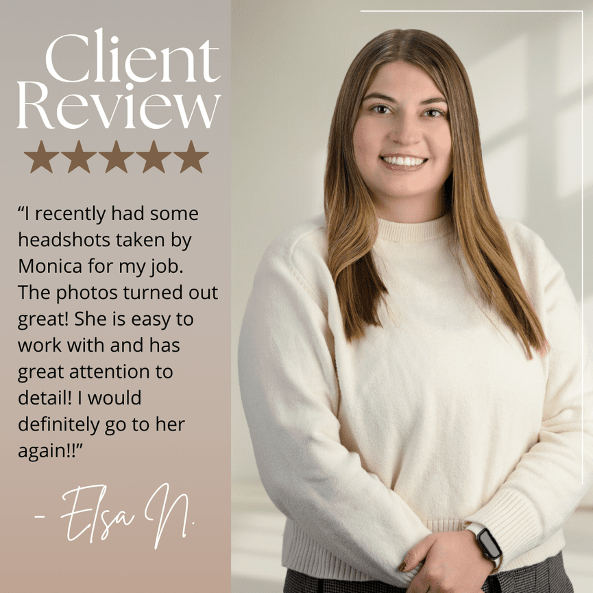 Woman smiling, standing with arms crossed. Review text praises photographer Monica for excellent headshots.