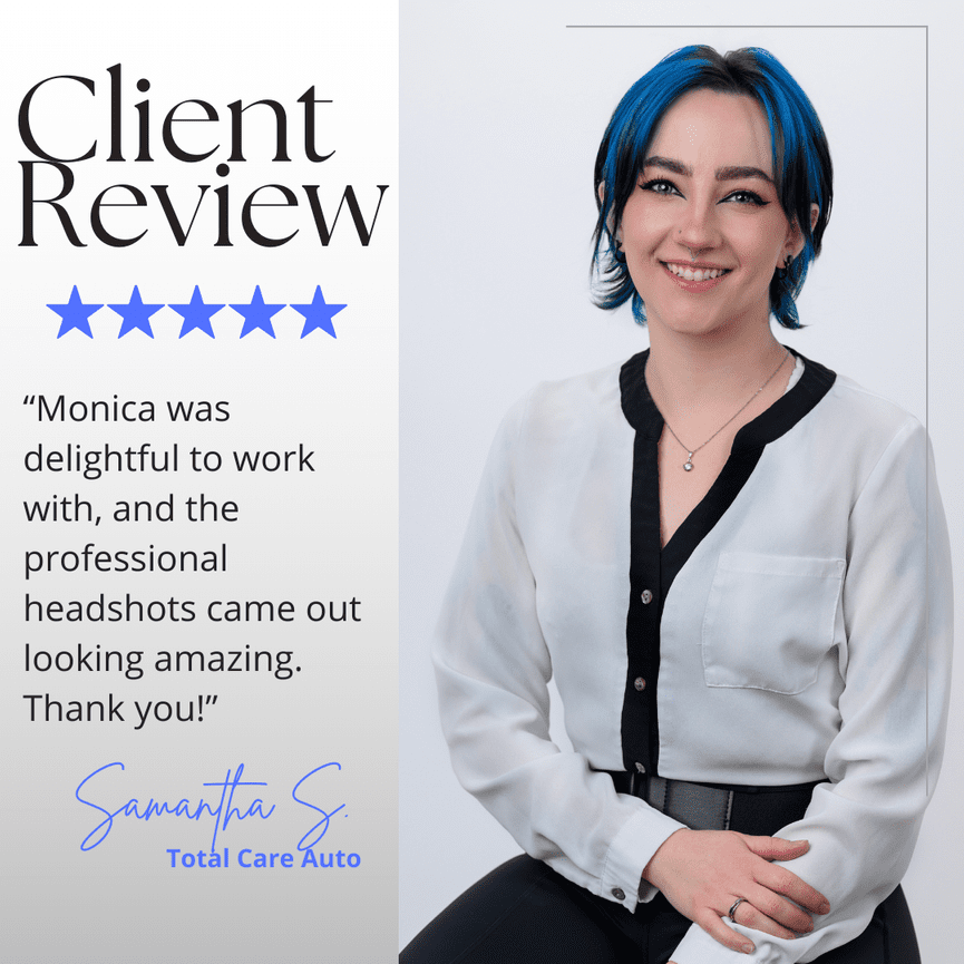 Smiling person with blue hair in professional attire poses beside a positive client review and five-star rating.