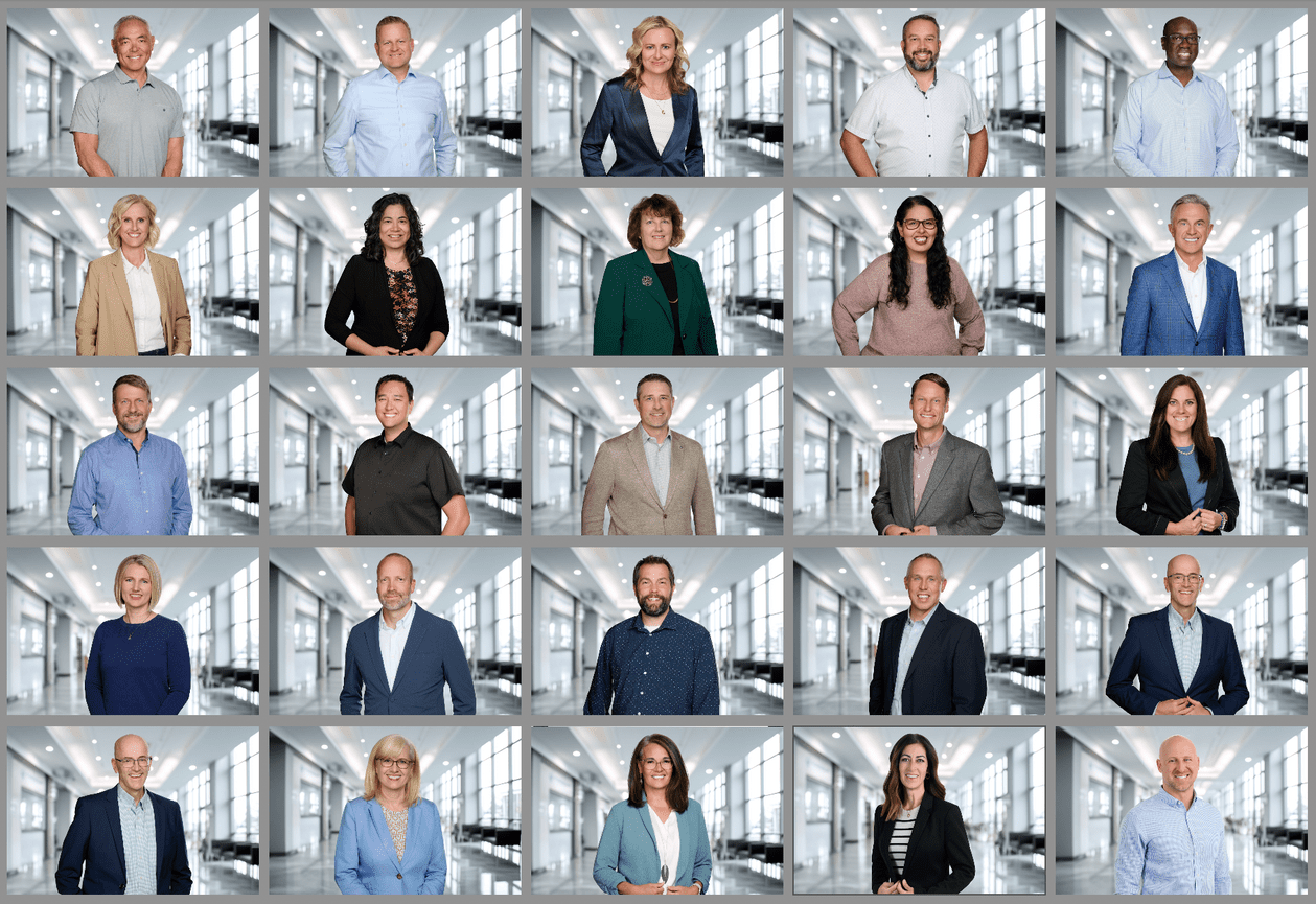 A grid of diverse professionals smiling, set in a modern office background.