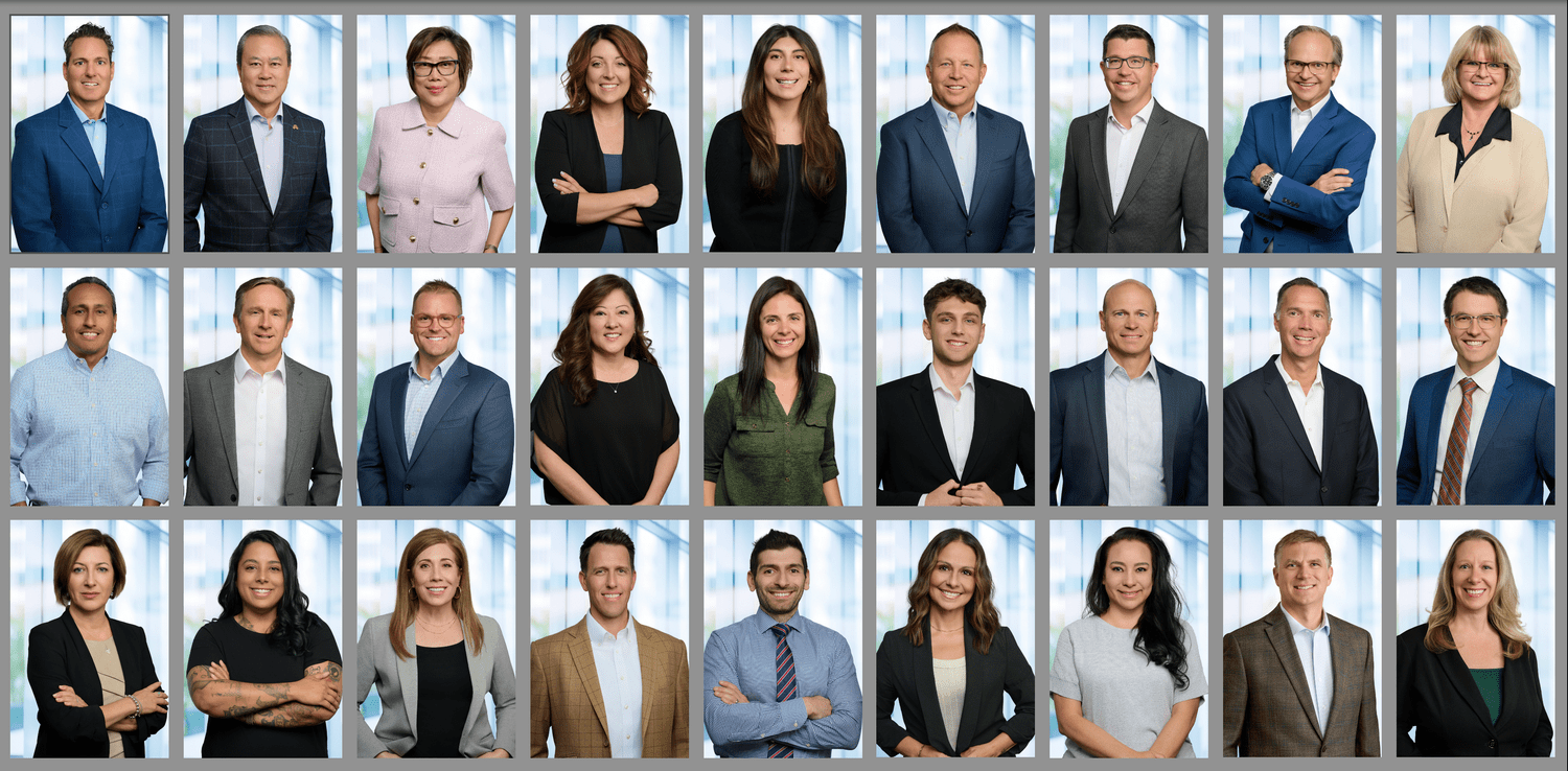 A grid of diverse professionals in business attire against a blurred office background.