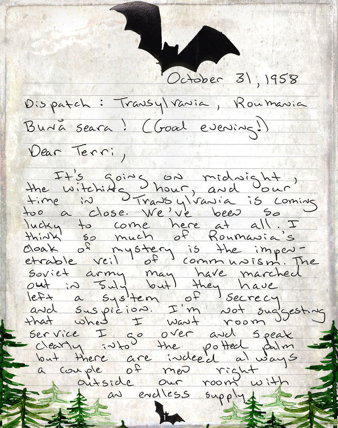 Page one of Katharine’s handwritten 1958 dispatch from Transylvania, describing mystery and suspicion behind the Iron Curtain.