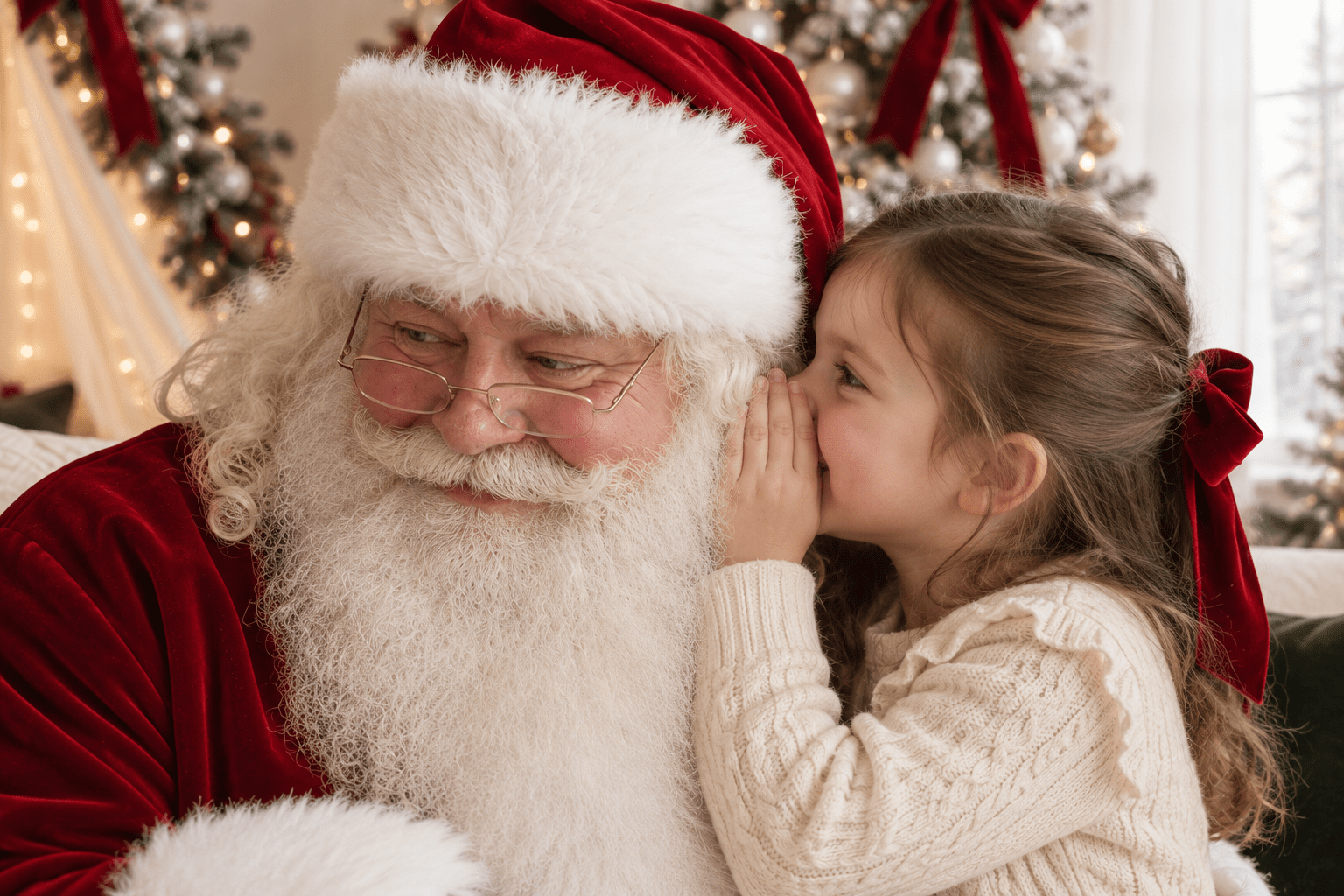 A young child kissing Santa on the cheek during a Christmas portrait session.