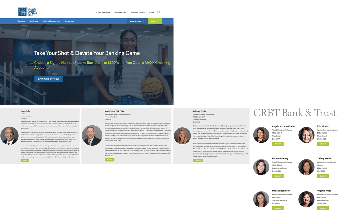 Cedar Rapids Bank and Trust staff headshots on their company bio webpage.