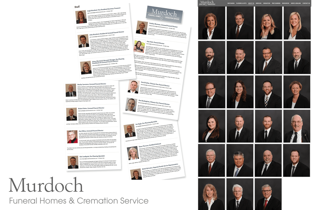 An example of Murdoch Funeral Home's before company bio page vs their newly uniformed page of Kliks Photography headshots.