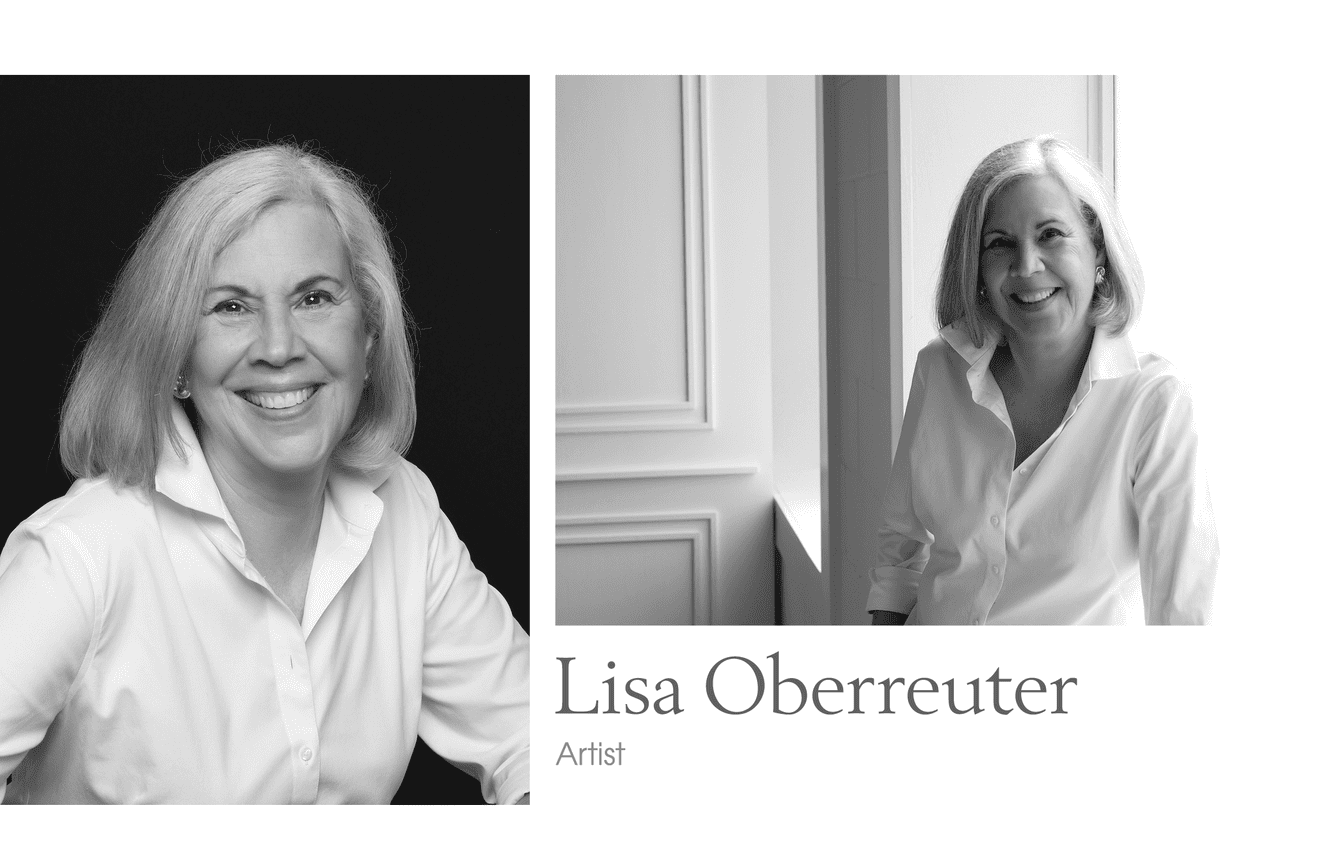 Two black and white portraits of artist Lisa Oberreuter wearing a crisp white top.