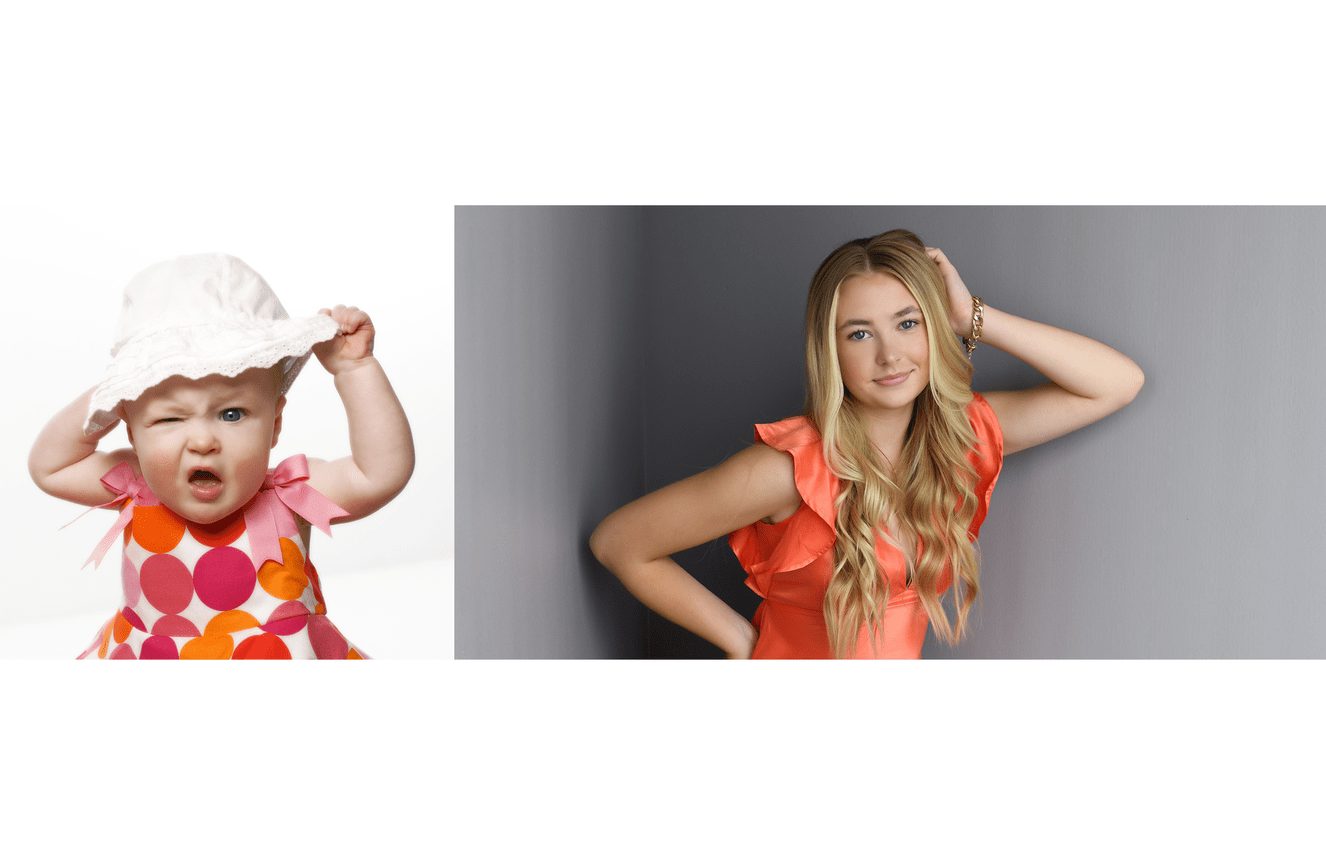A photo of Lily as a toddler wearing an orange dress and now as a senior wearing an orange dress.