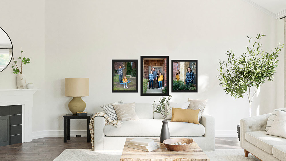 Family Portrait Wall Collection of 3 framed canvases in a home.
