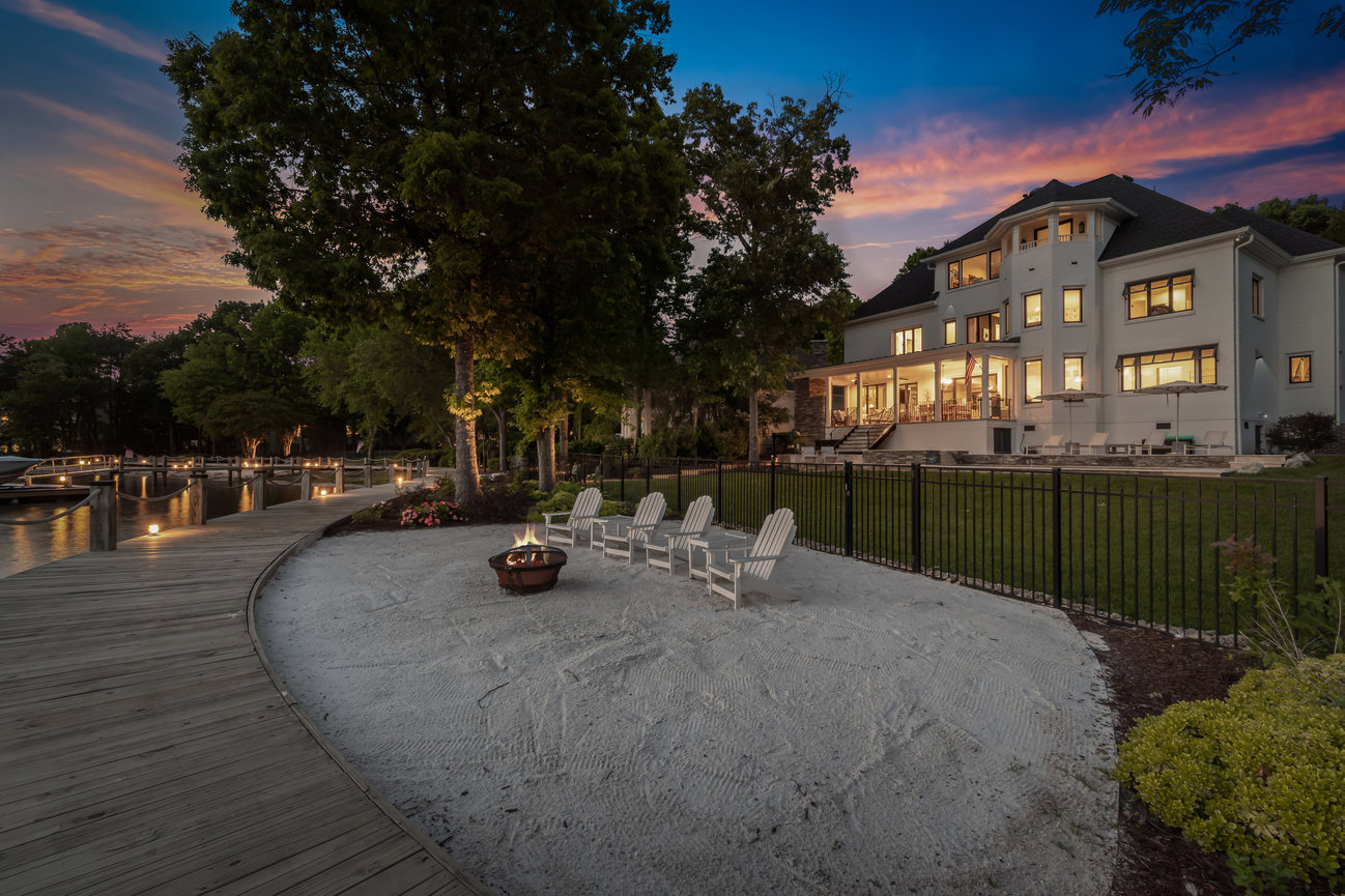 Luxury lakeside home with lit patio, fire pit, Lake Norman NC